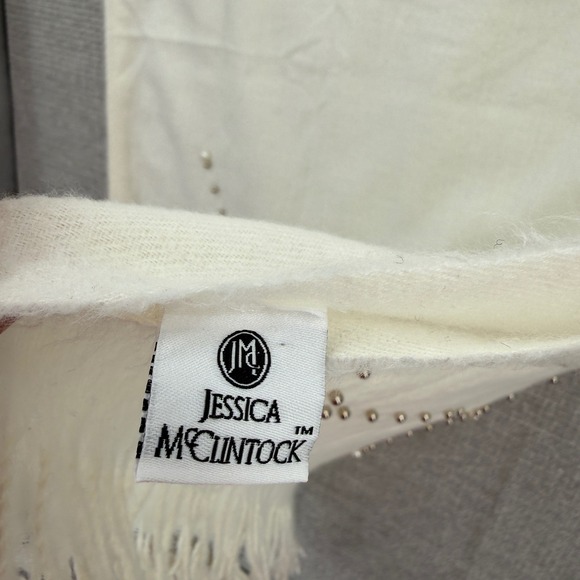 Womens Cream Fringed Scarf Silver Rhinestone Embellishments Soft Shawl Boho Glam - Picture 2 of 12